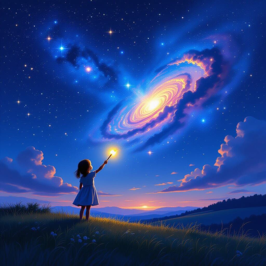 Girl Paints Night Sky with Glowing Brush