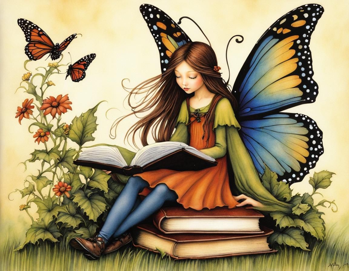 Whimsical Fairy with Butterfly Wings Reading