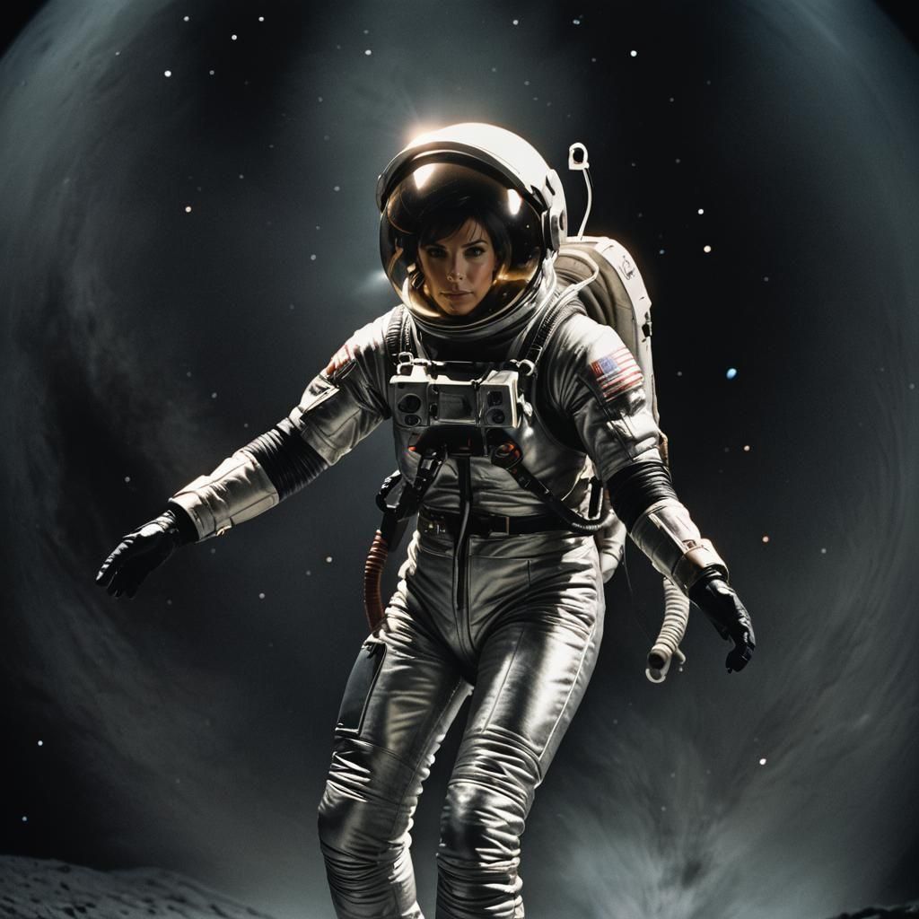 003 The beautiful Sandra Bullock wears a silver spacesuit.