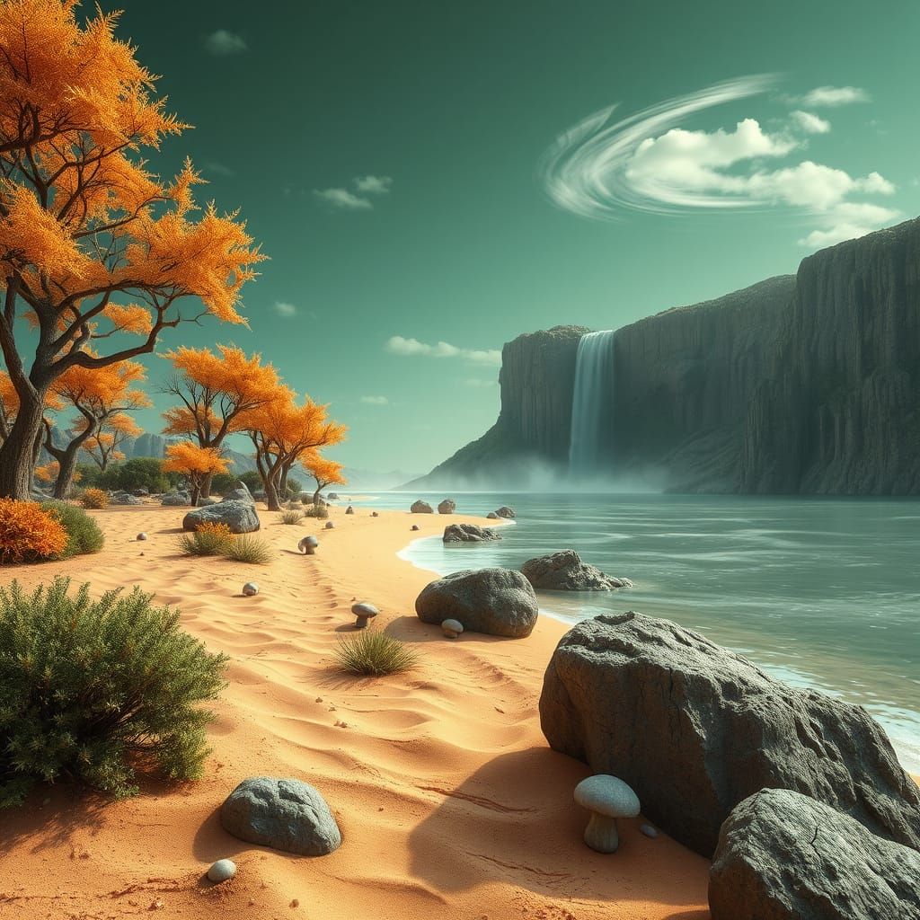 Serene Alien Lakefront with Towering Iridescent Trees and Wa...