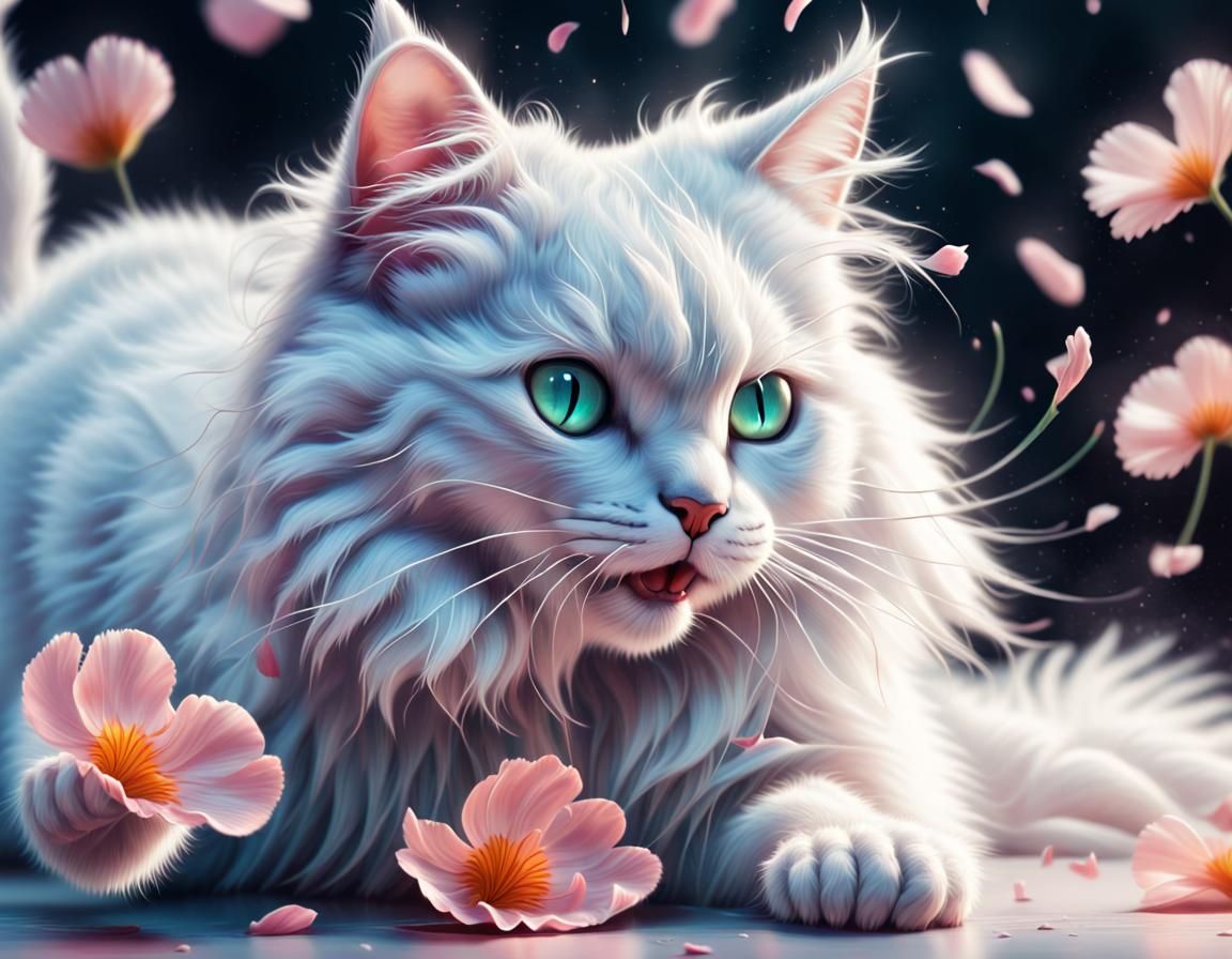 Cat Catching Petal in Digital Airbrush Art