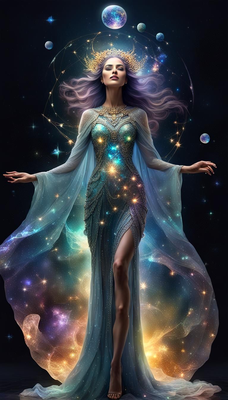 Cosmic Goddess with Iridescent Scales and Auras