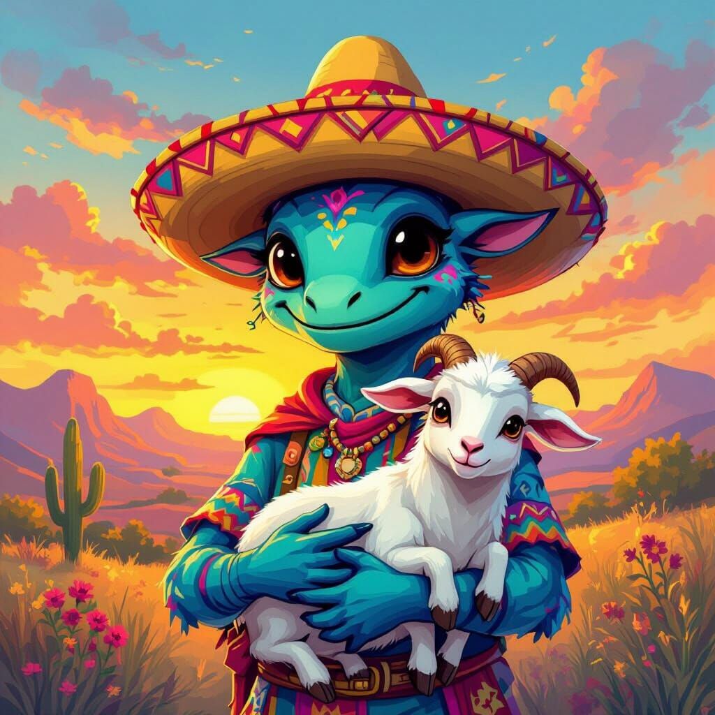 Gentle Chupacabra with Sombrero in Mexican Landscape