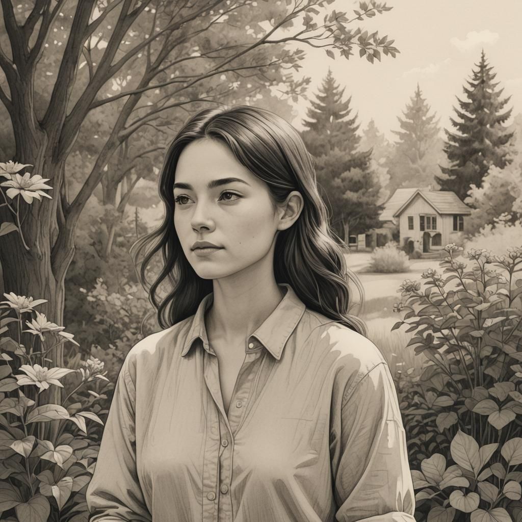 Calm Woman in Storybook Pencil Illustration