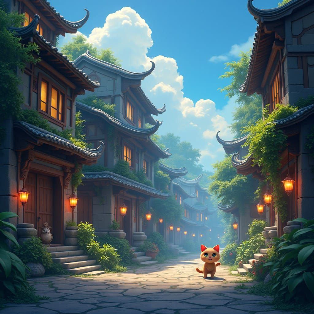 Whimsical Cat in a Dreamlike Street Scene