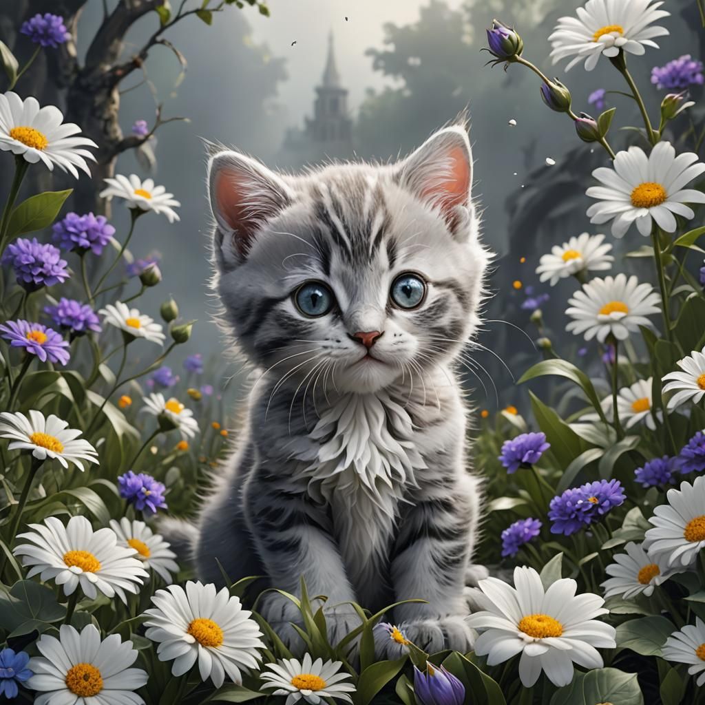 Cute Kitten with Flower: Detailed Matte Painting