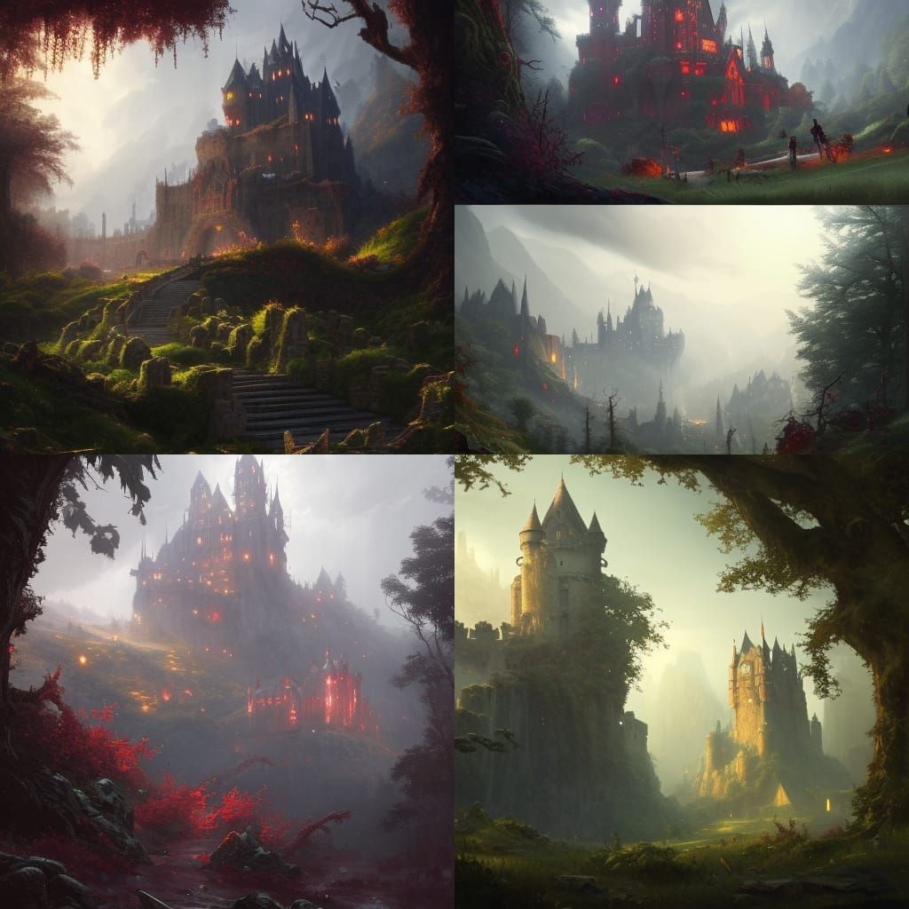 Obsidian and Ruby Castle in Dark Fantasy Landscape