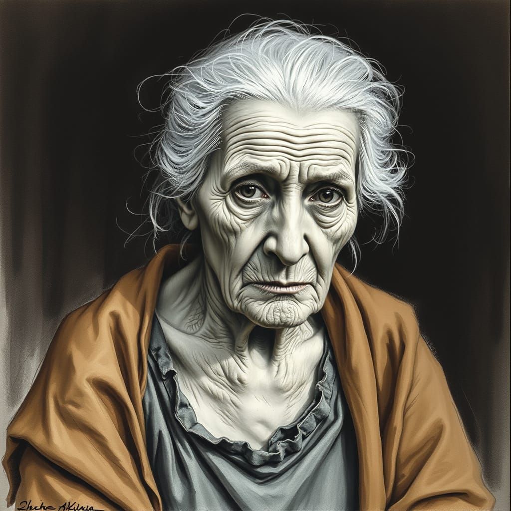 Elderly Woman Portrait in Expressive Charcoal Sketch Style