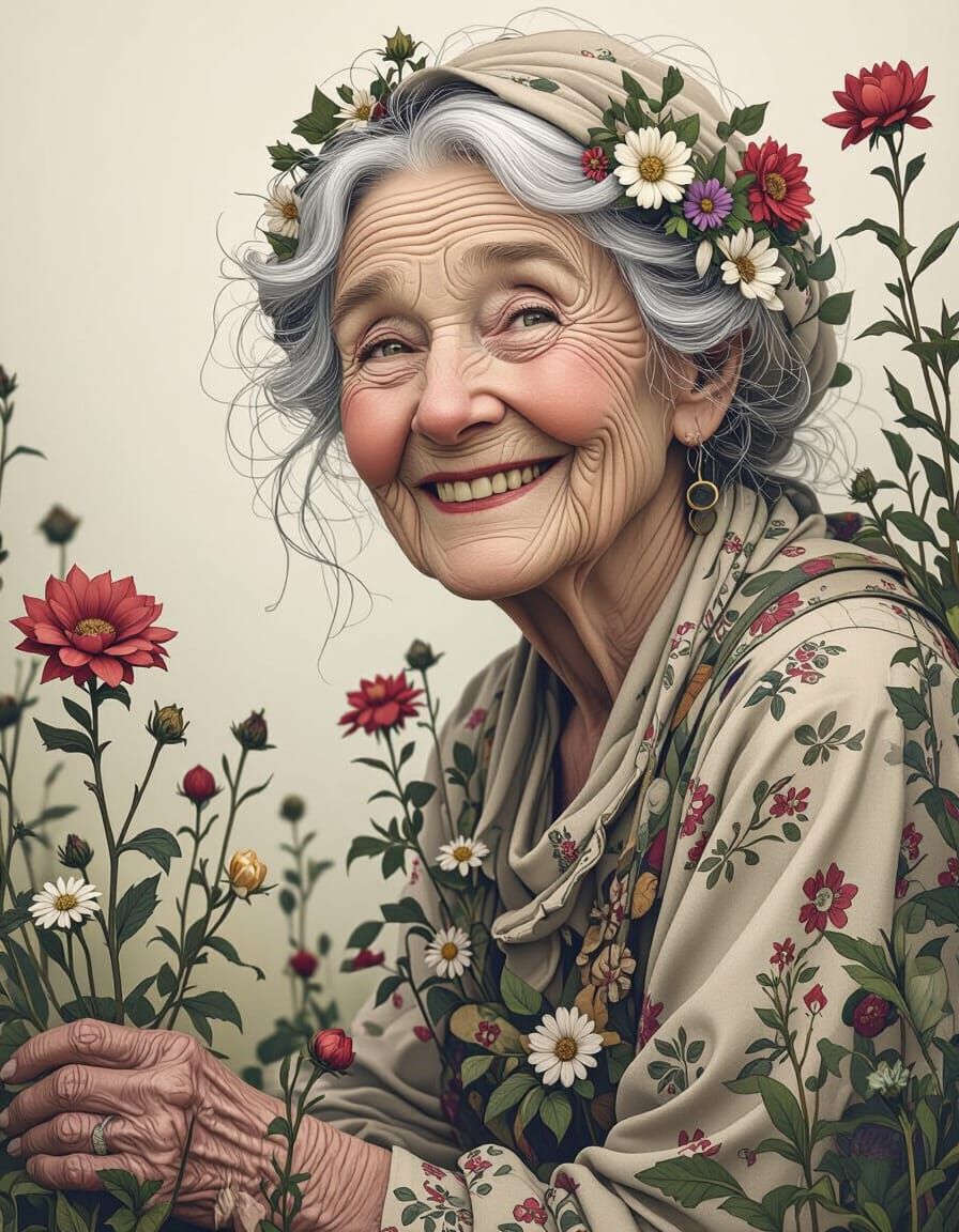 Detailed Portrait of a Smiling Elder Woman Made of Plants an...