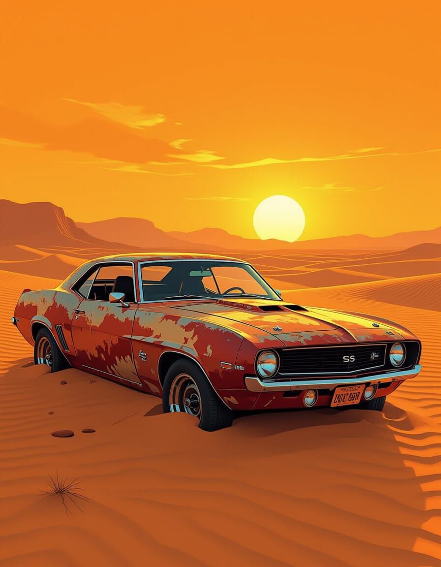 Rusted Muscle Car in Desert Sunset, Post-Apocalyptic Style