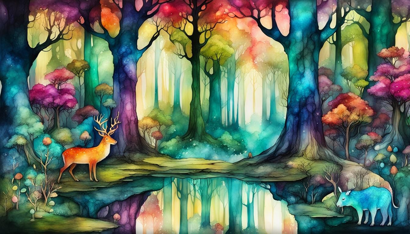 Fairytale Forest with Giant Trees, Alcohol Ink Art