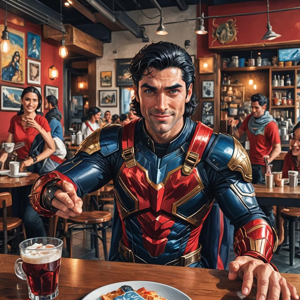 Wonder Man Selfie at Cafe: Hyperrealistic Art