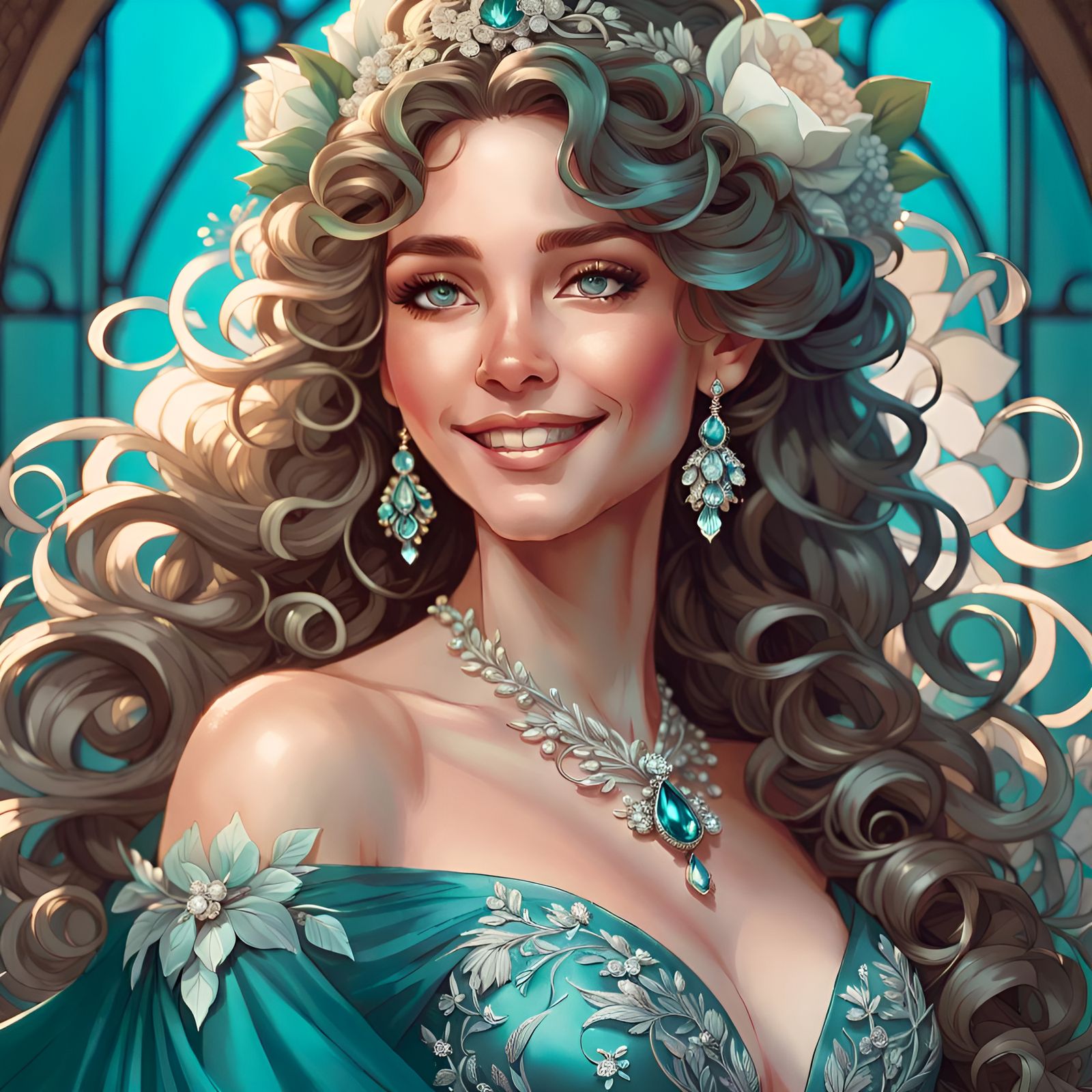Bride in Teal Wedding Dress: Hyperdetailed Portrait