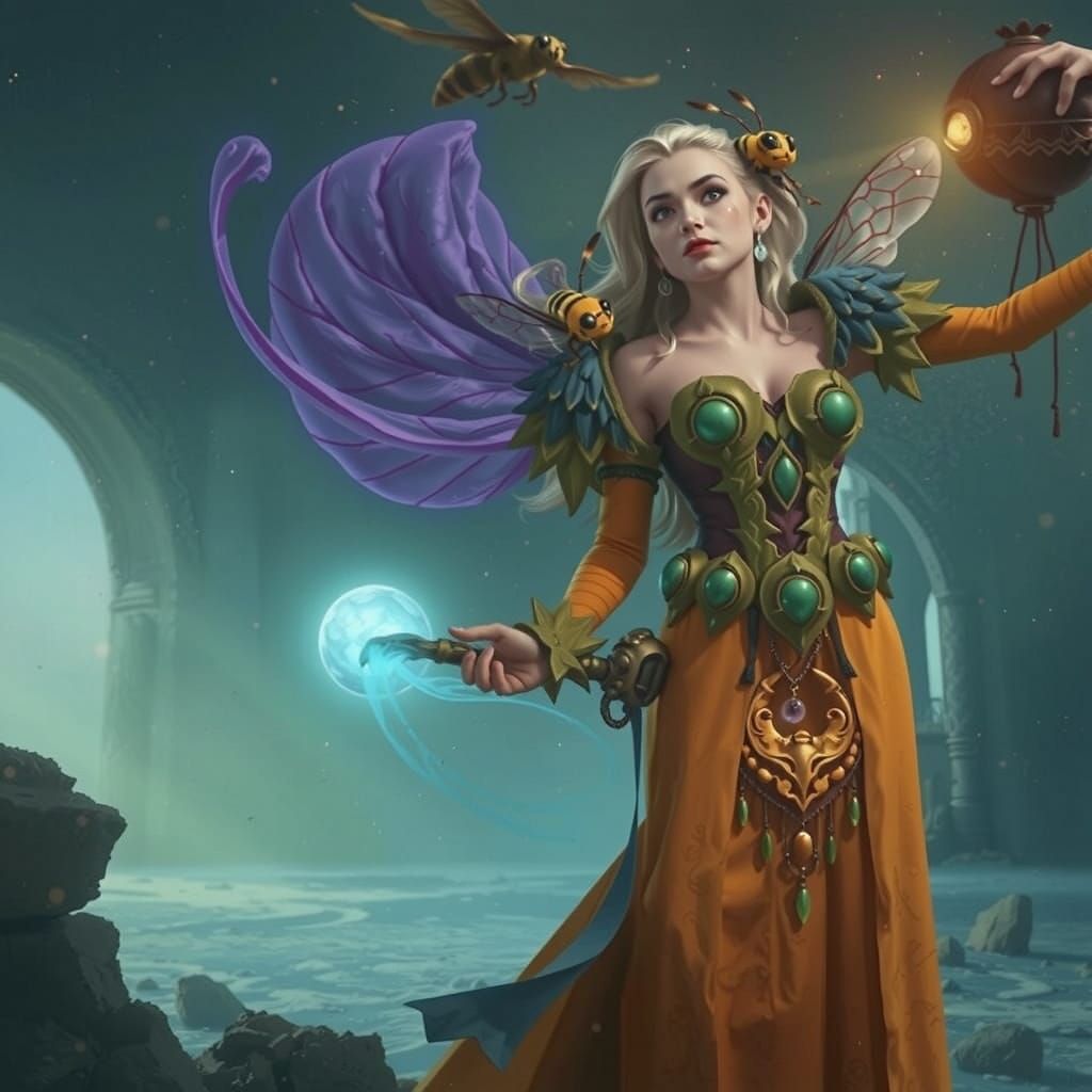 Bee Sorceress Casting Spell in Deep Fantasy Art Style