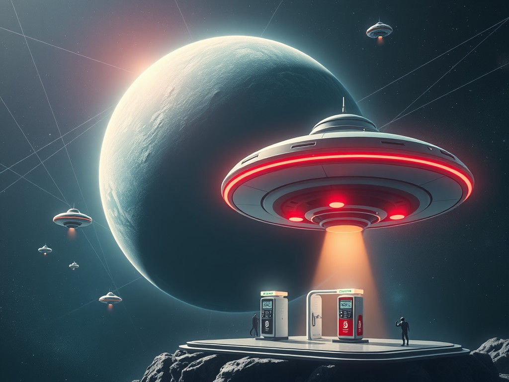 Alien Gas Station Orbiting Planet with Flying Saucers