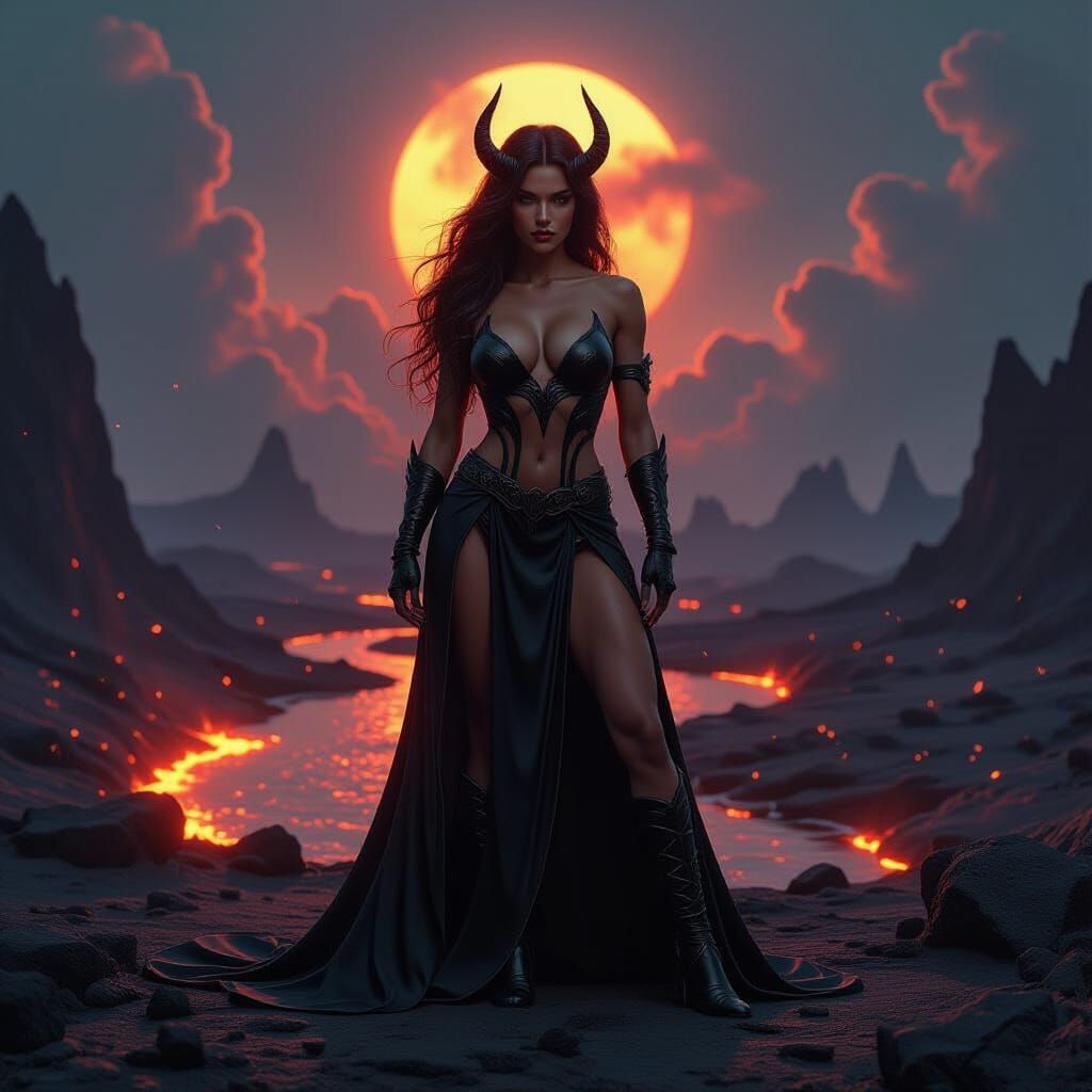 Muscular She-Devil on Volcanic Planetscape in Dark Fantasy S...