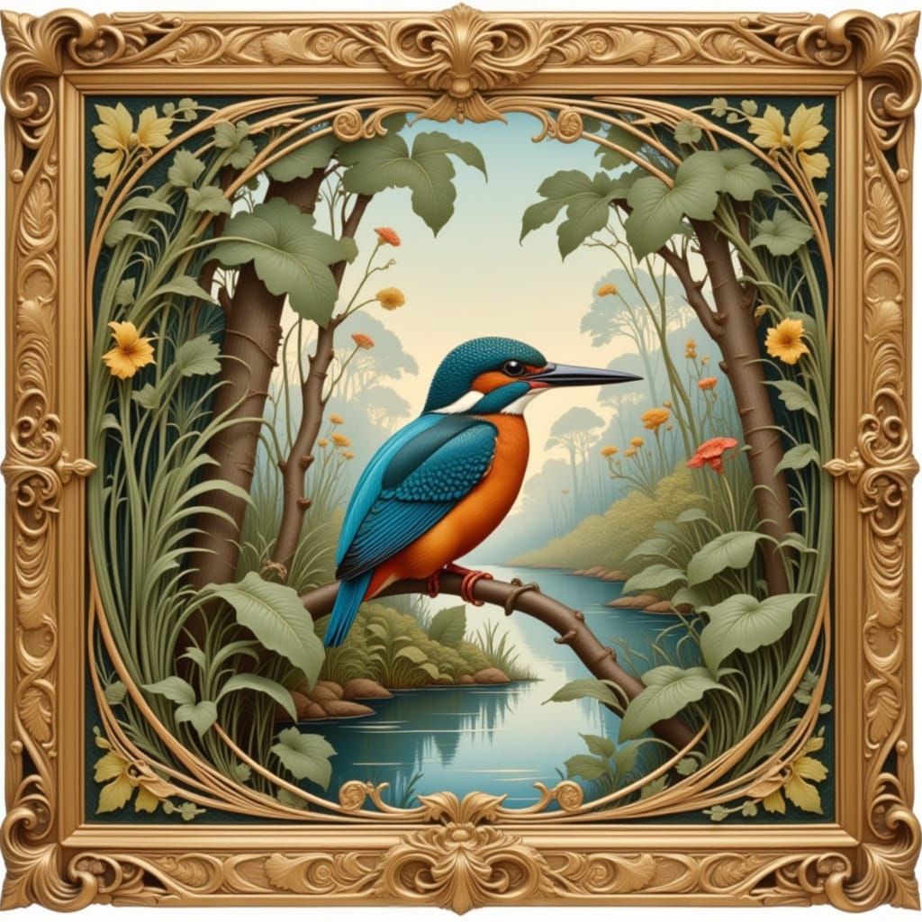 Kingfisher in Gold Frame, Classical Painting Style