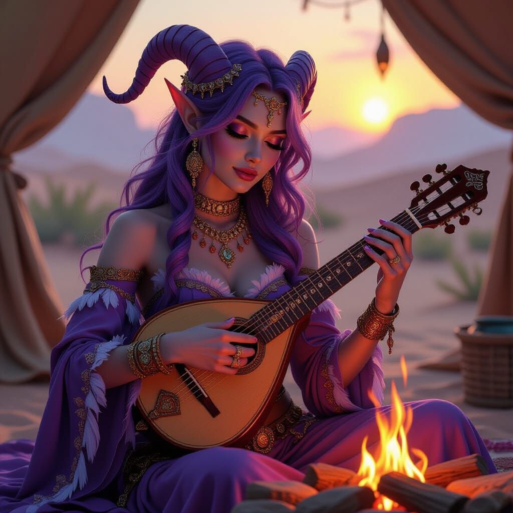 Tiefling Bard Portrait in Ethereal Fantasy Art Style