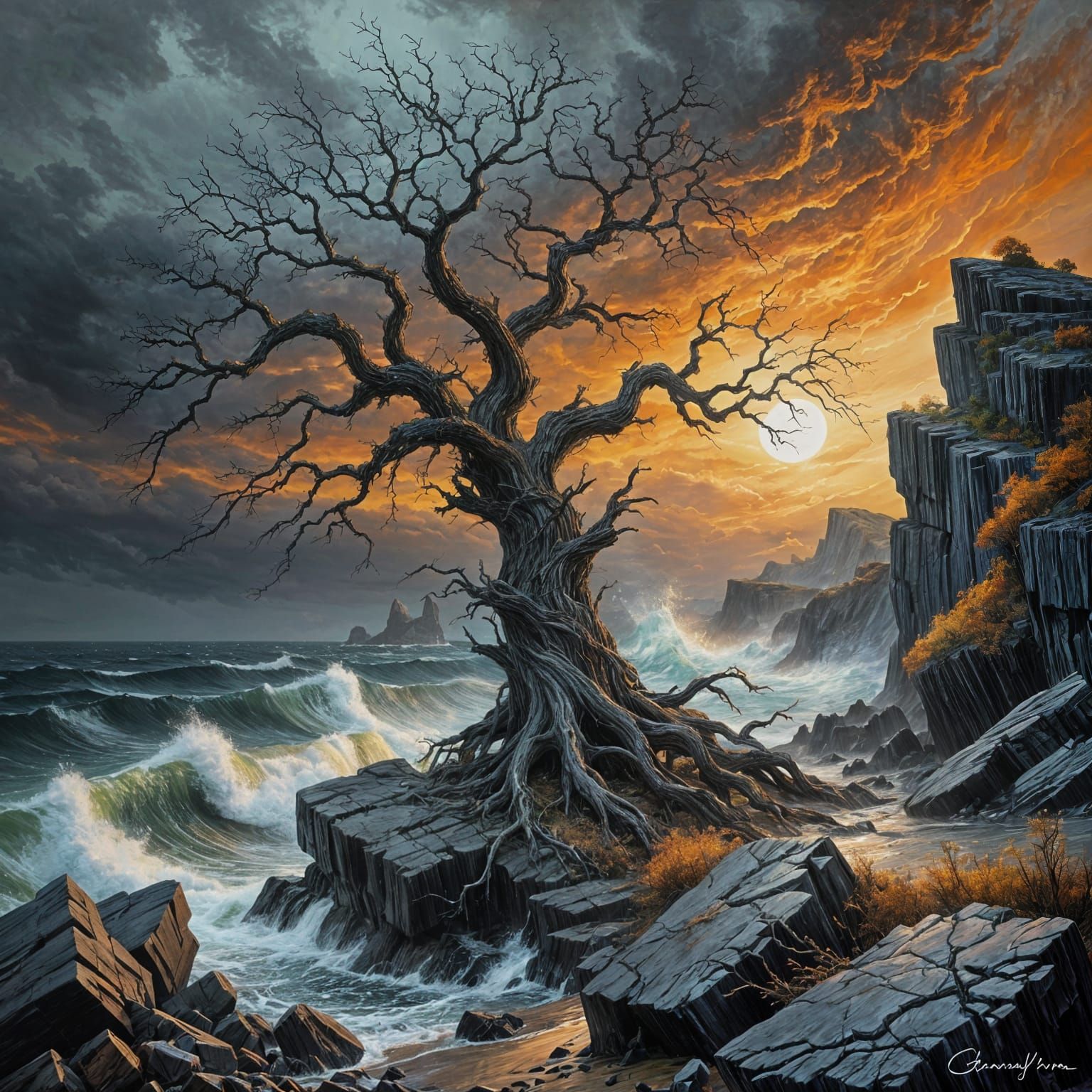 Twisted Tree on Turbulent Ocean in Dark, Expressive Oil Pain...