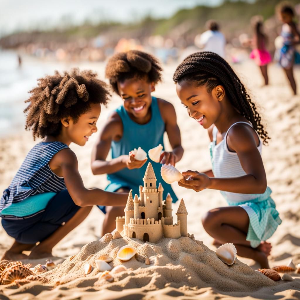 Children Playing on Beach with Sandcastle