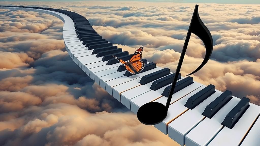 Surreal Piano Keyboard Above Clouds
