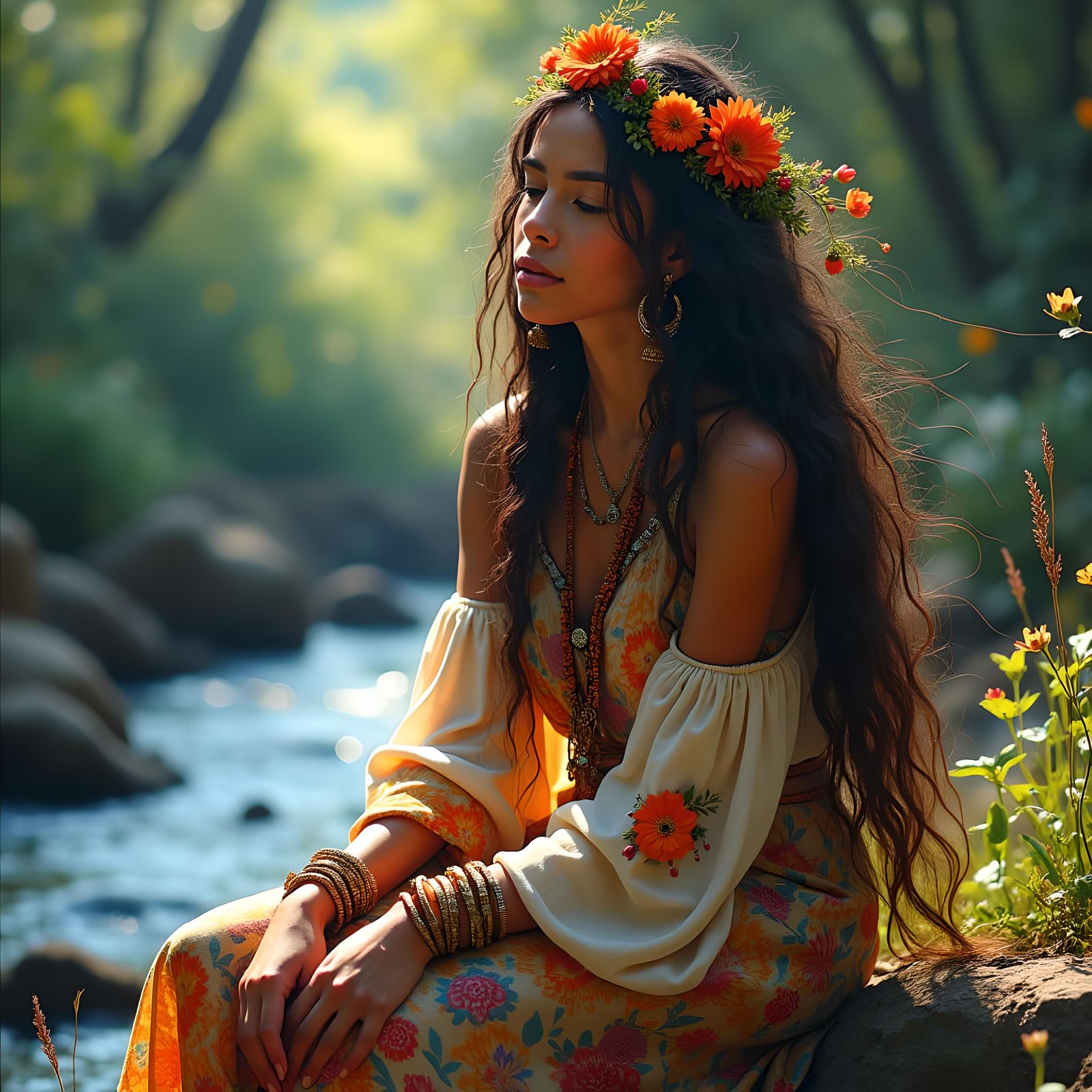 Gypsy Lady with Flowers by a Stream in 4K