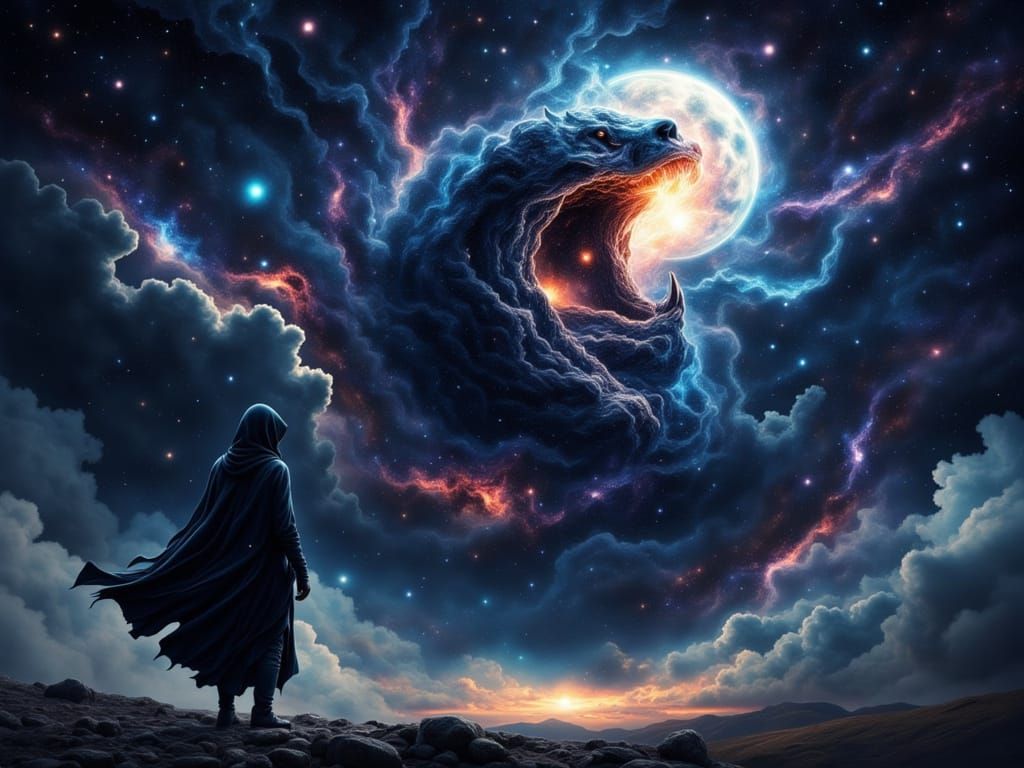 Cloaked Figure Under Galaxycore Starry Night