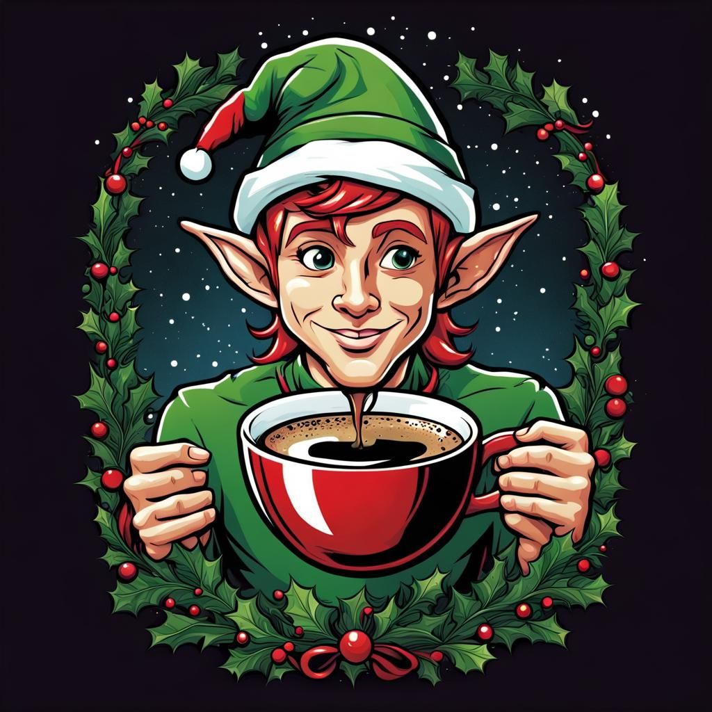 Christmas Elf Coffee: Comic Book Style T-Shirt Vector