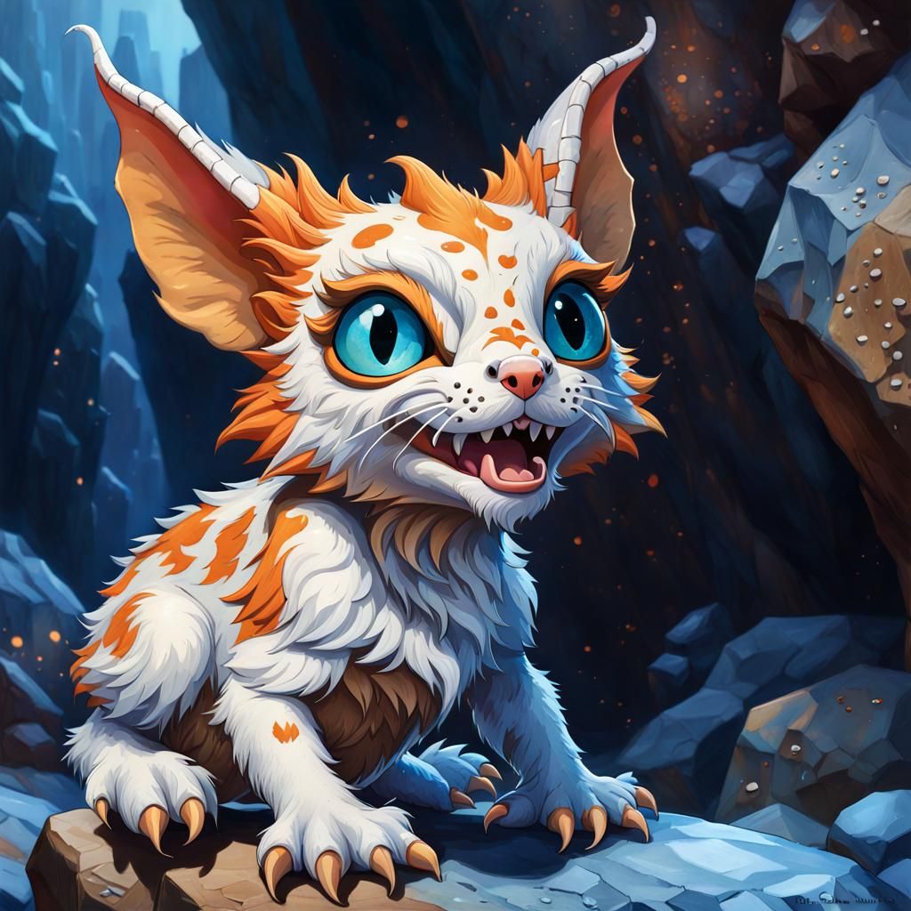 Calico Gremlin in Dungeon: Digital Gouache Painting