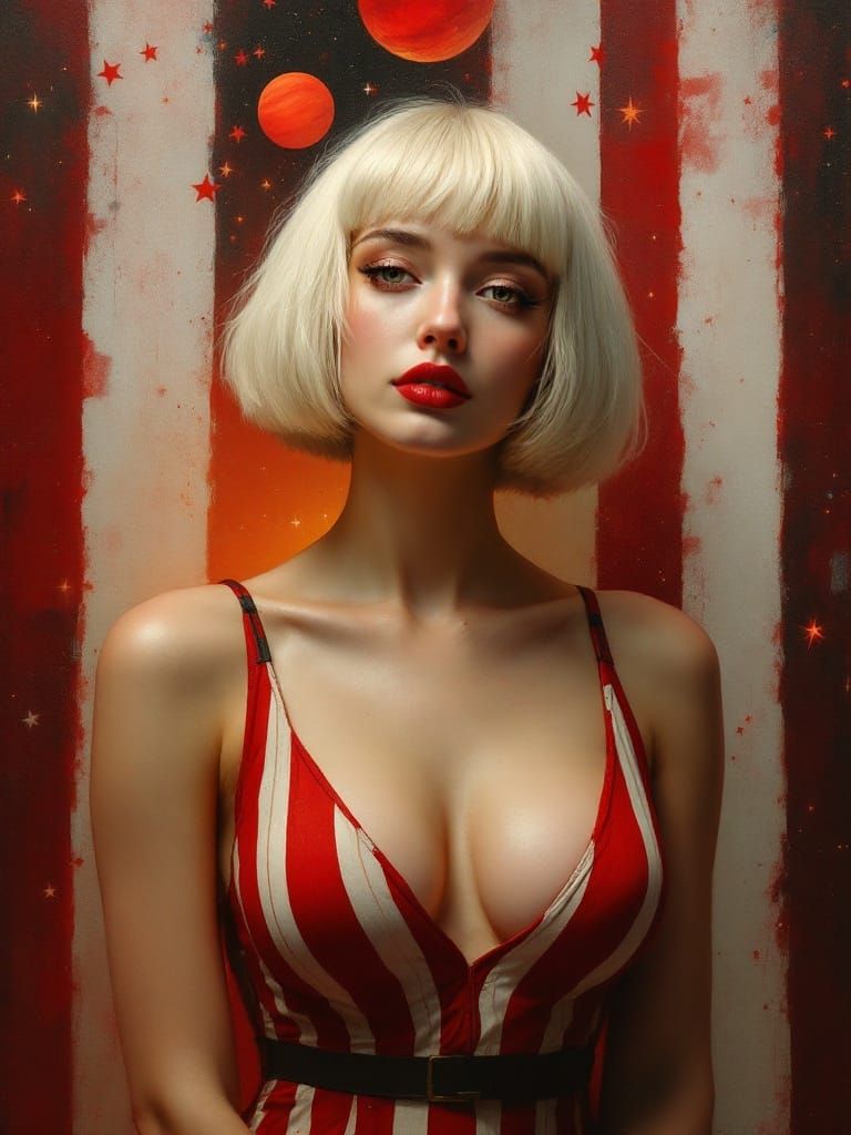 Woman in Art Nouveau Style Against Striped Backdrop