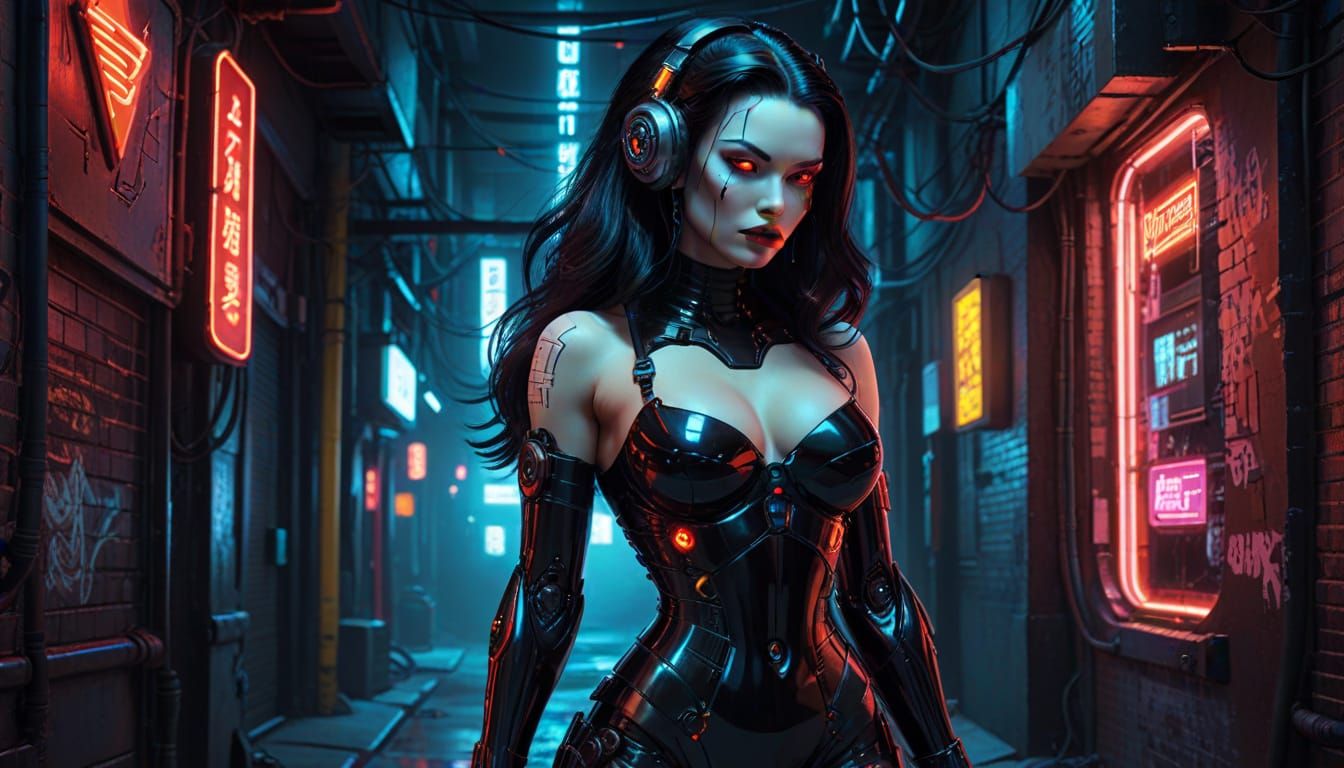Cyberpunk Pinup: Female Cyborg in Neon Alley