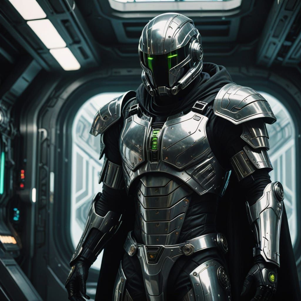 Cyberpunk Warrior in Silver Armor, Cinematic Film Still