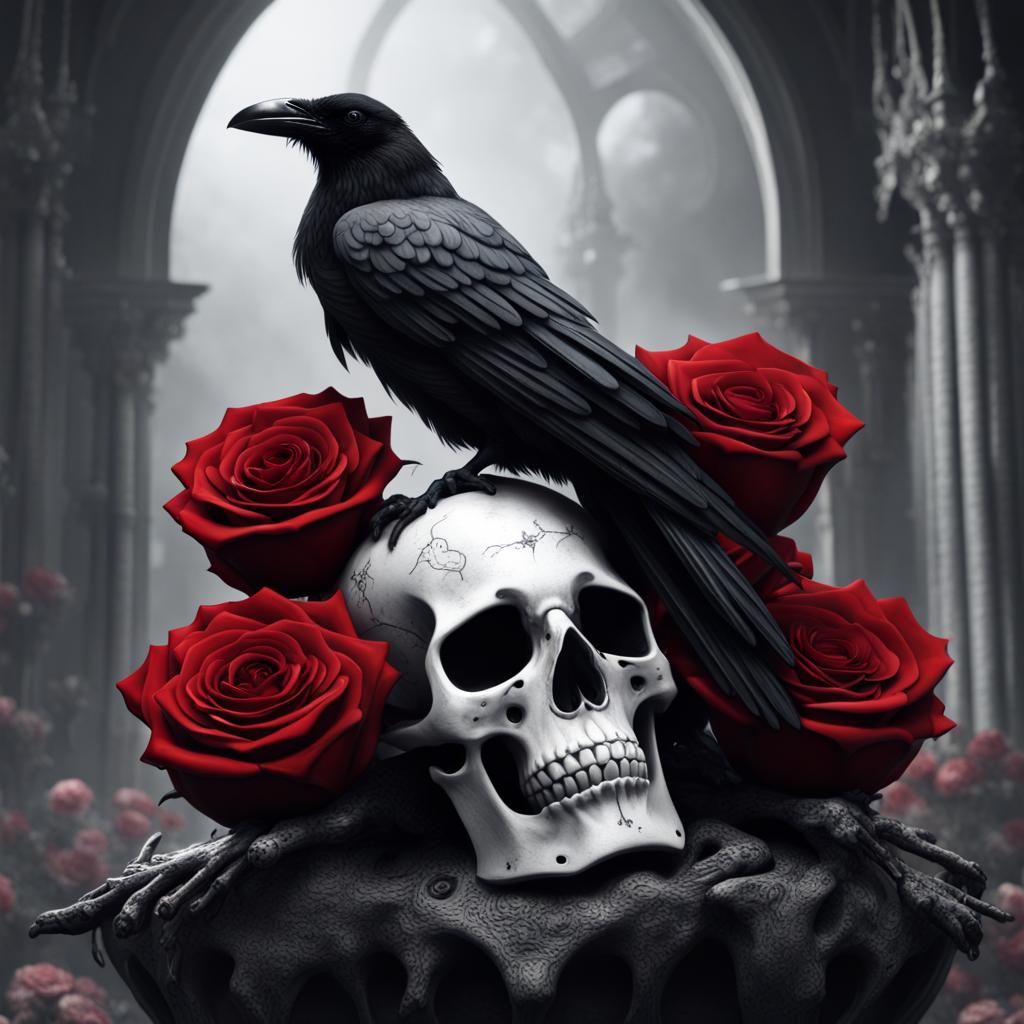 Gothic Raven on Skull with Roses in Black and White
