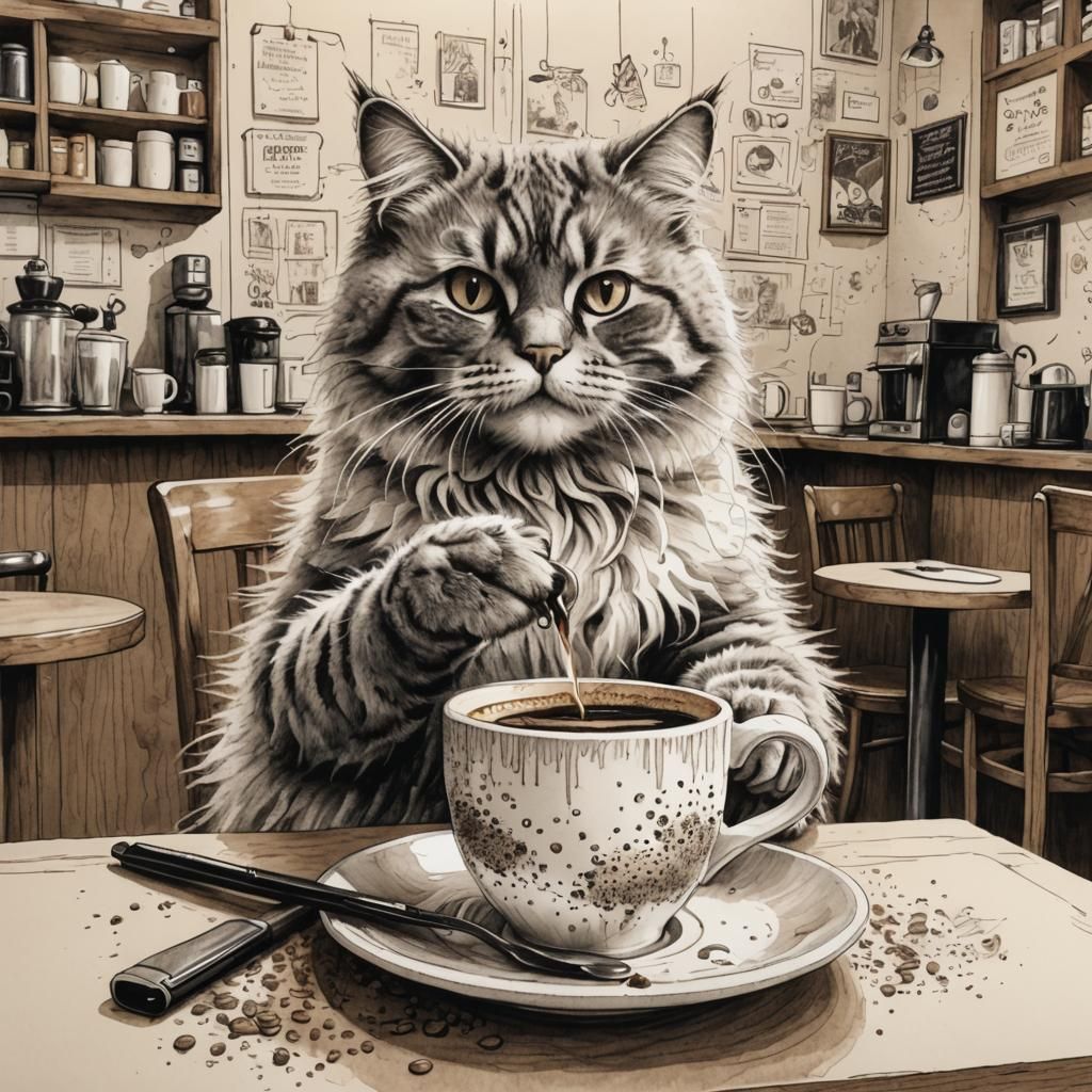 Fluffy Cat Sipping Coffee: Pointillist 3D Art