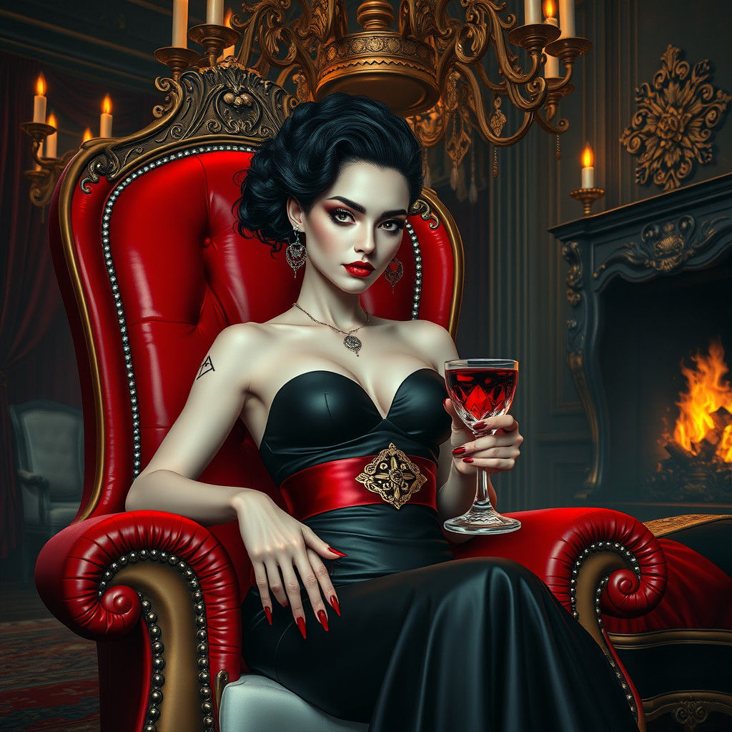 Gothic Vampire Girl in Red and Gold Chair
