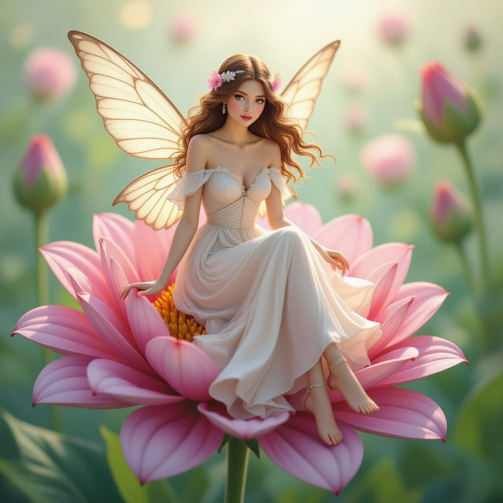 Delicate Fairy on Blooming Flower in Froud Style