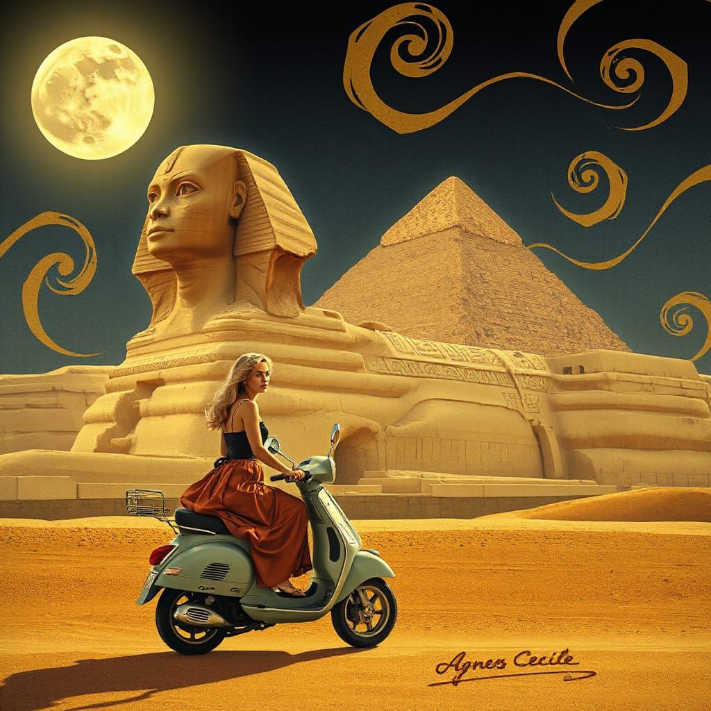 Egyptian Goddess Rides Vespa Through Moonlit Sphinx in Art N...