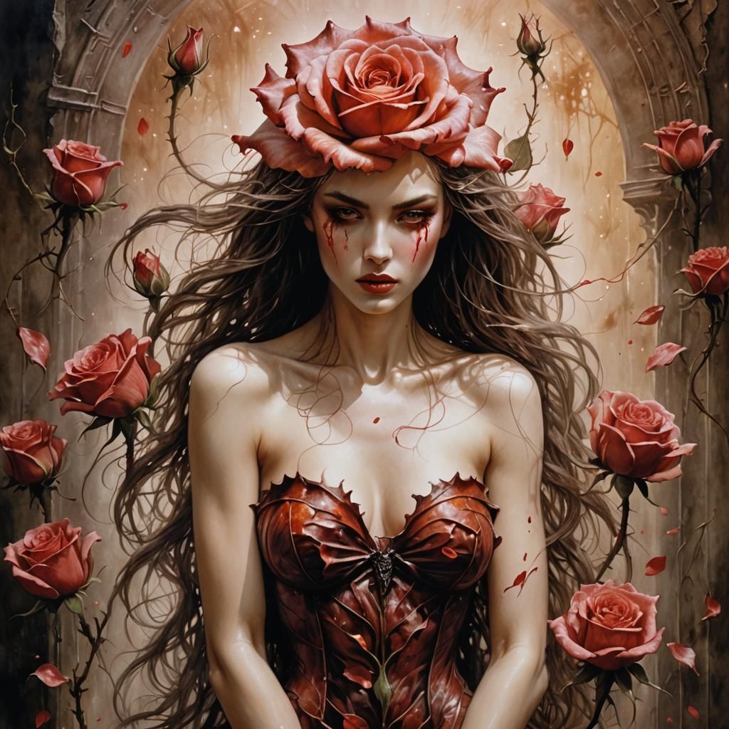 Woman Emerges from Rose in Surreal Fantasy Art