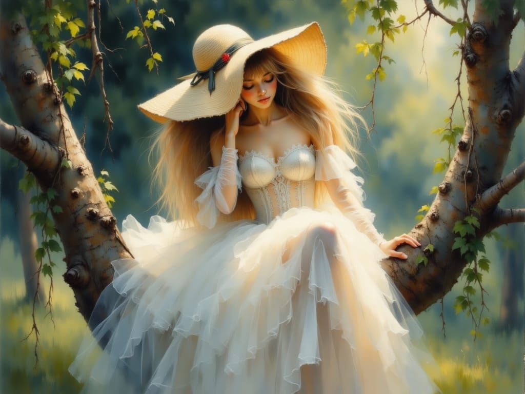 Blonde Girl in Hammock with Volumetric Lighting