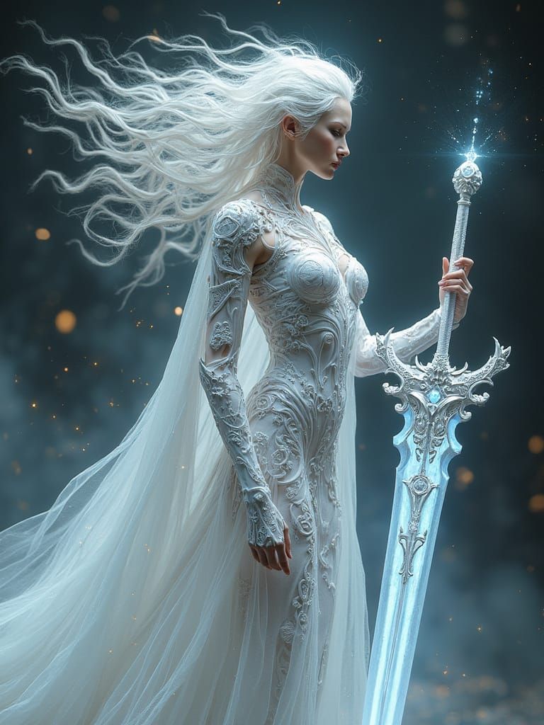 Celestial Cyborg Goddess in Shimmering Silver and White