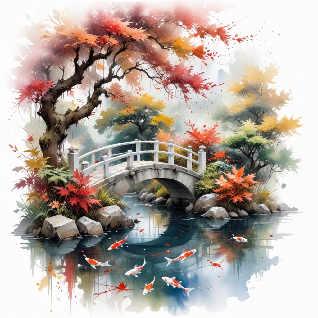 Ethereal Autumn Japanese Garden with Koi Fish and Crimson Ma...