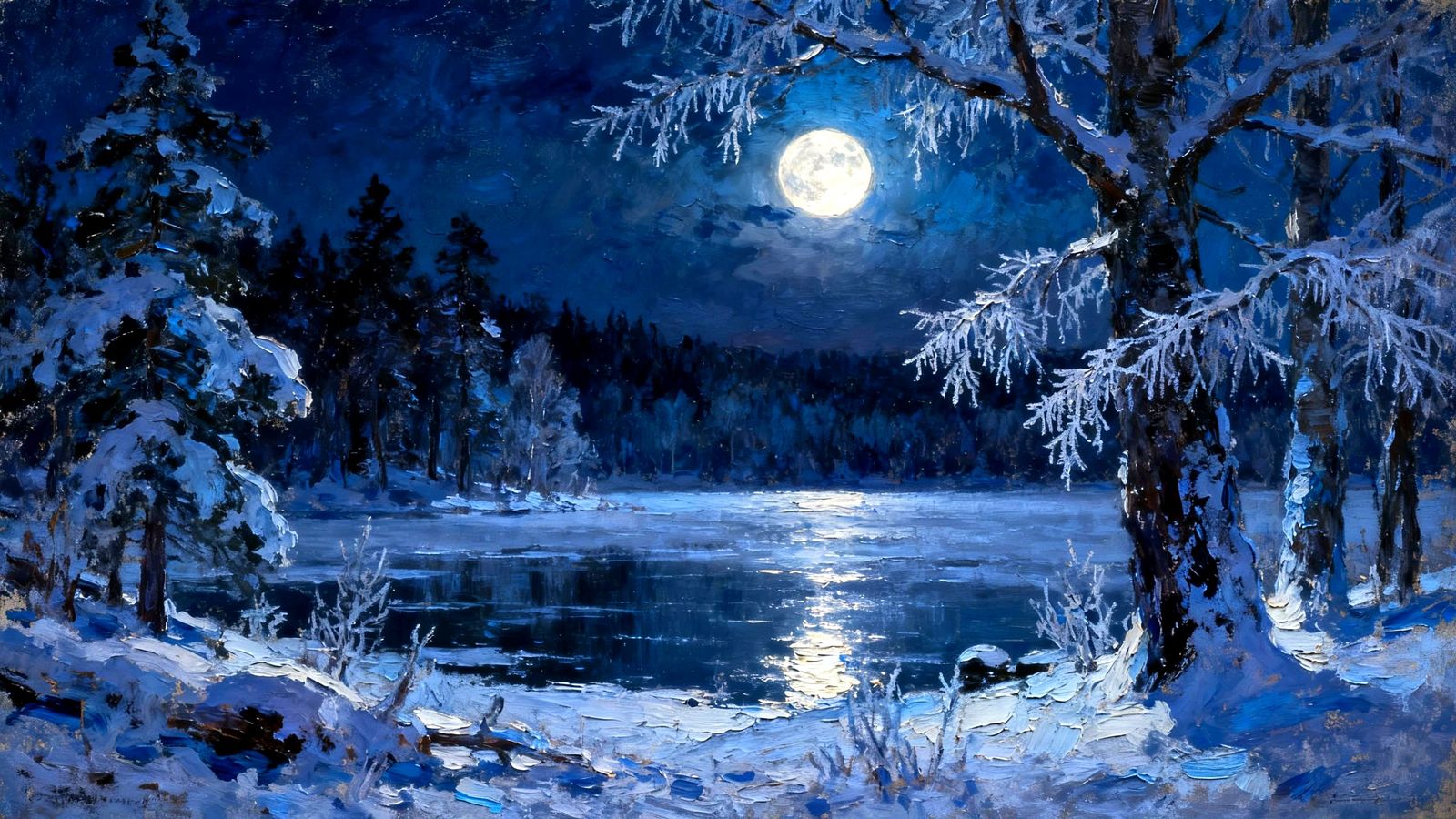 Textured Oil Painting of a Dark Winter Moonlit Landscape