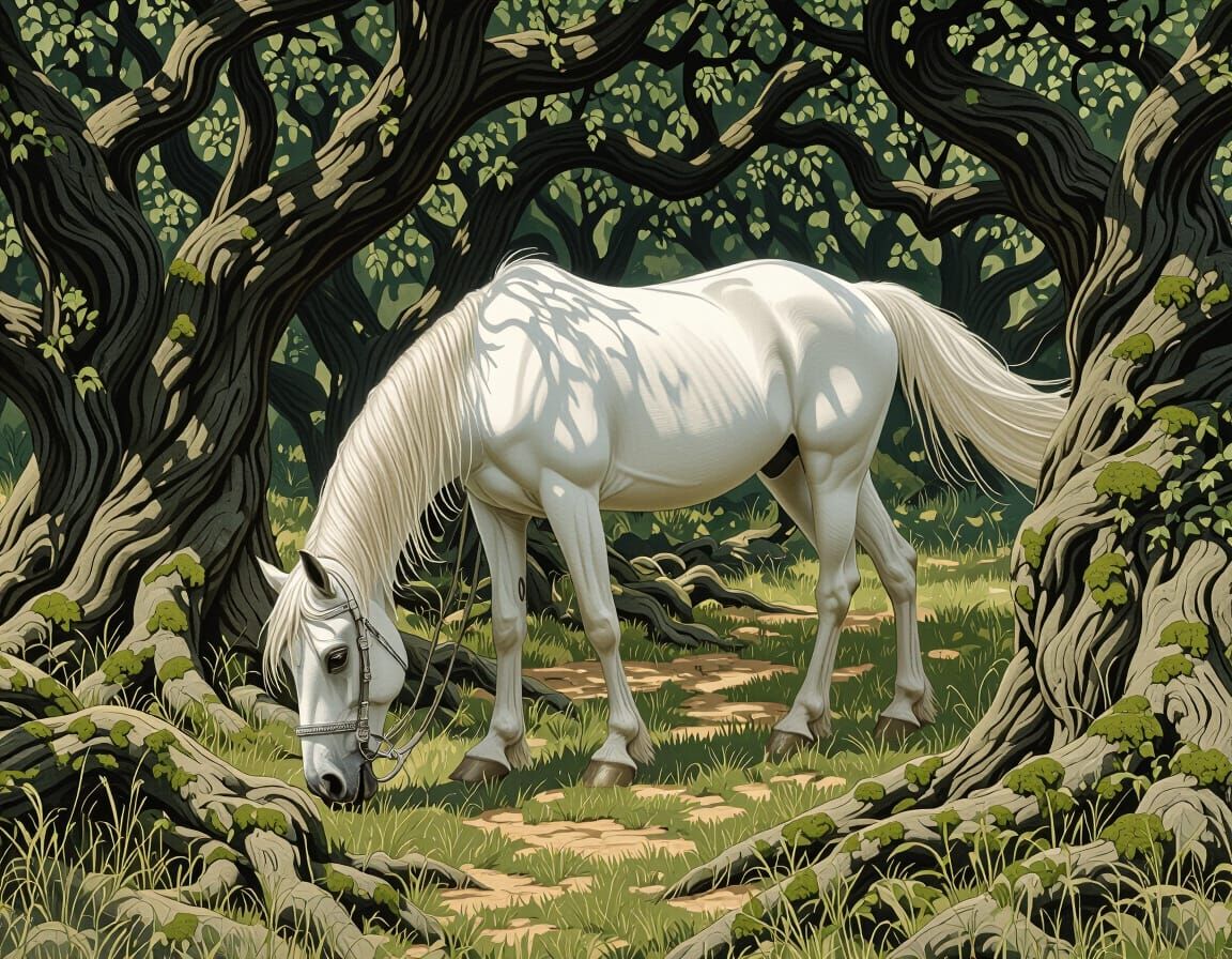 Majestic White Horse Grazing in Enchanted Forest