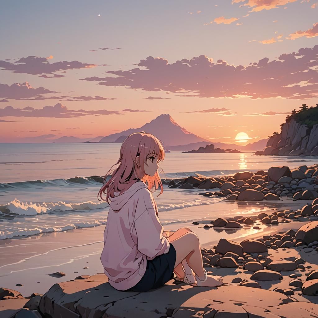 Serene Anime Character on Rocky Beach at Sunset