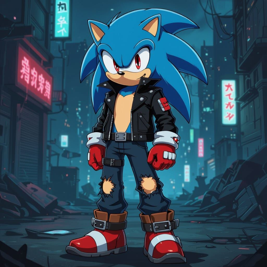 Rebellious Sonic the Hedgehog in Cyberpunk Anime Style