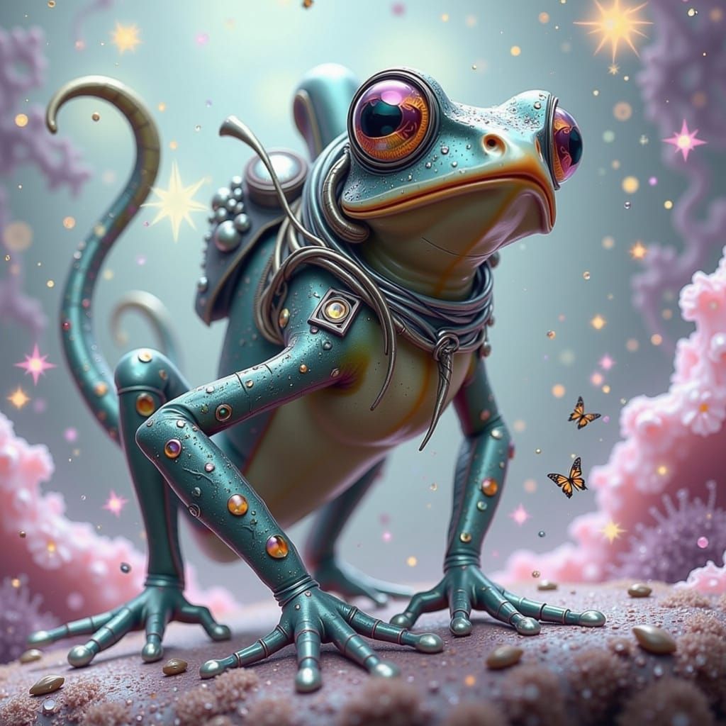 Surreal Fae-Inspired Painting of Alien Frog in Intergalactic...