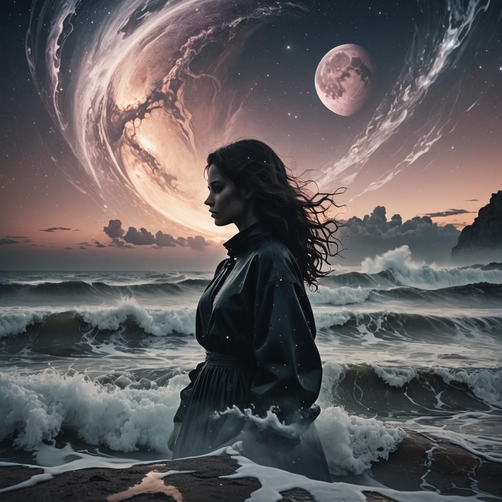 Double Exposure: Woman's Silhouette on Distant Ocean Planet