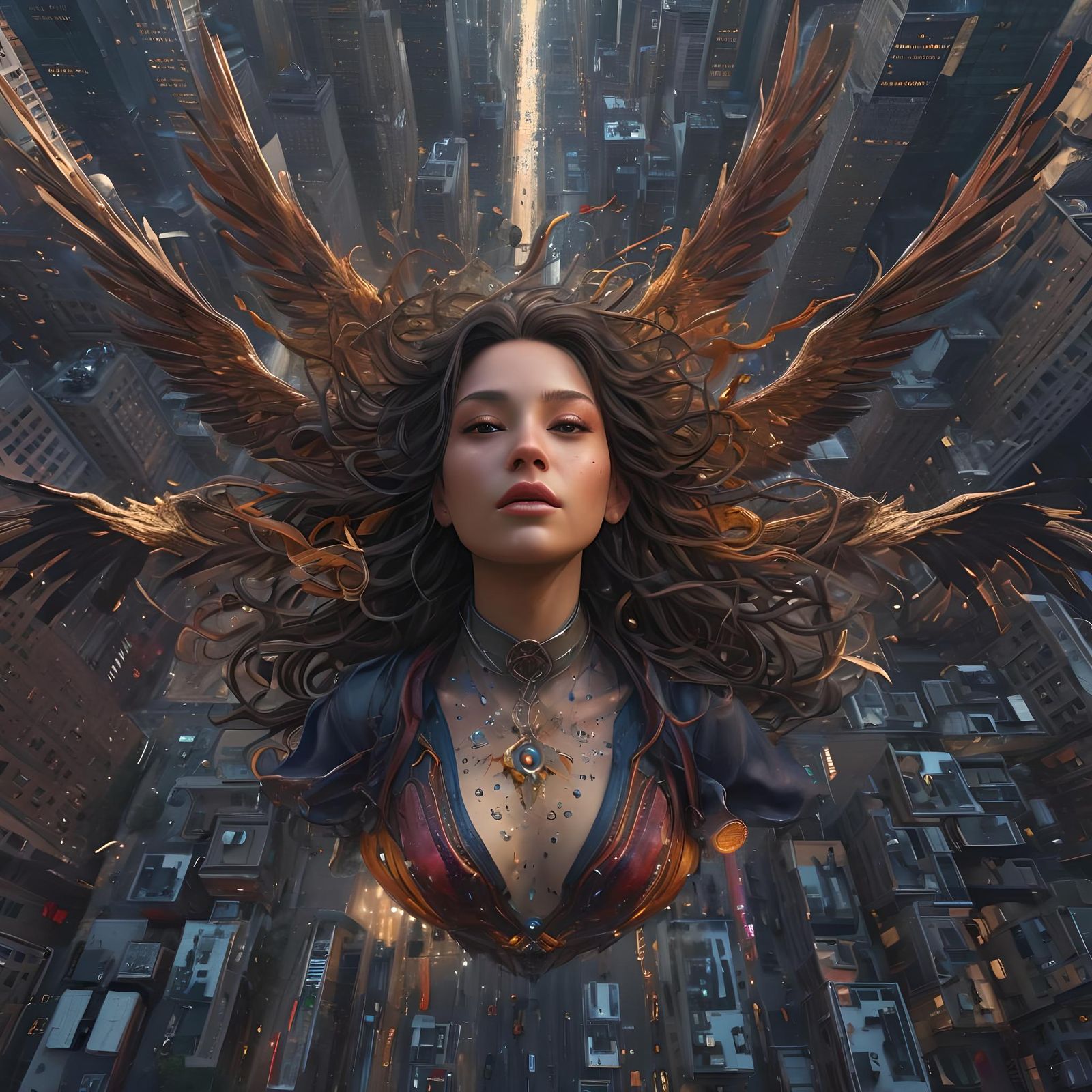 People Flying Over New York City: Art Nouveau Portrait