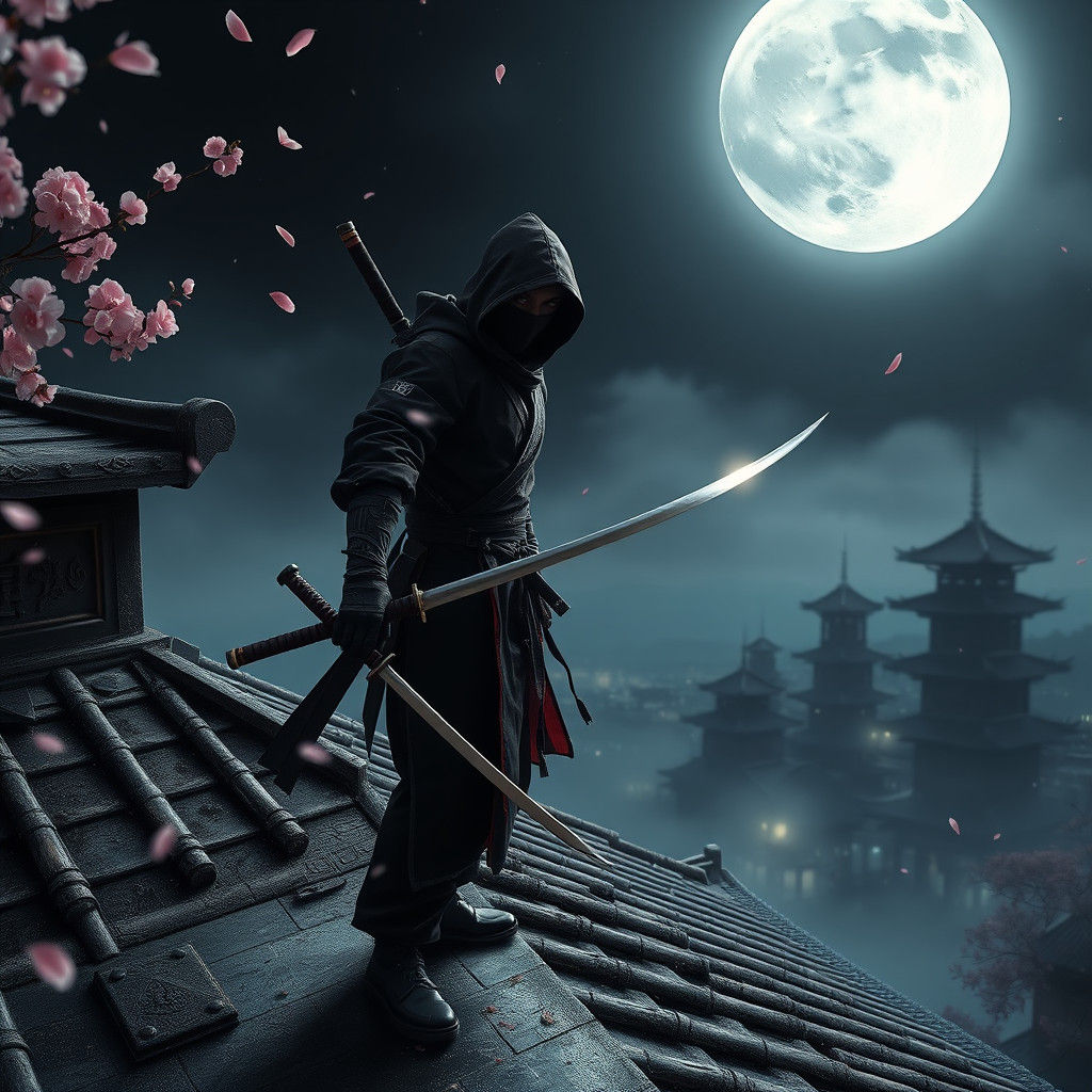 Ninja on Rooftop Under Moon in Fantasy Concept Art