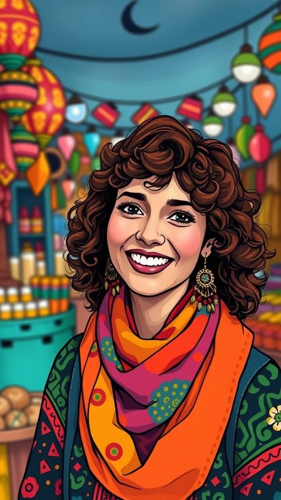 Zahia in Vibrant Marketplace with Expressive Brushstrokes